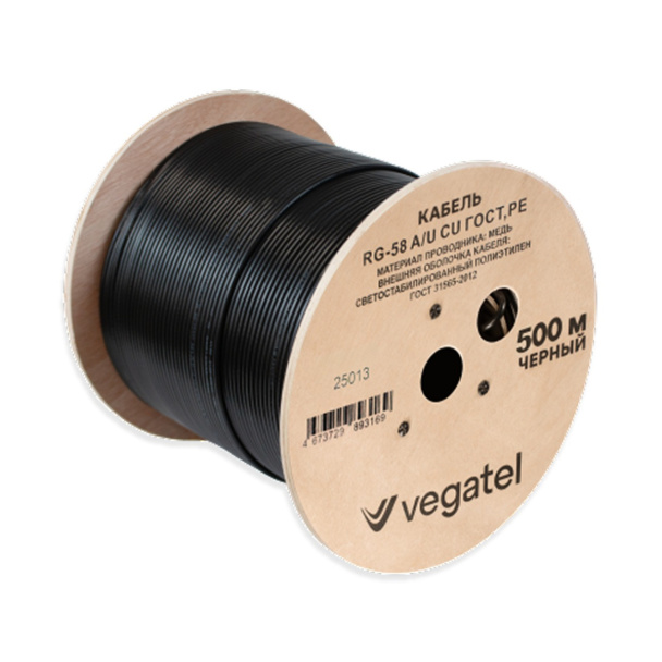 Кабель коаксиальный VEGATEL RG-58 A/U Cu (ГОСТ, PE, черный) бухта 500м